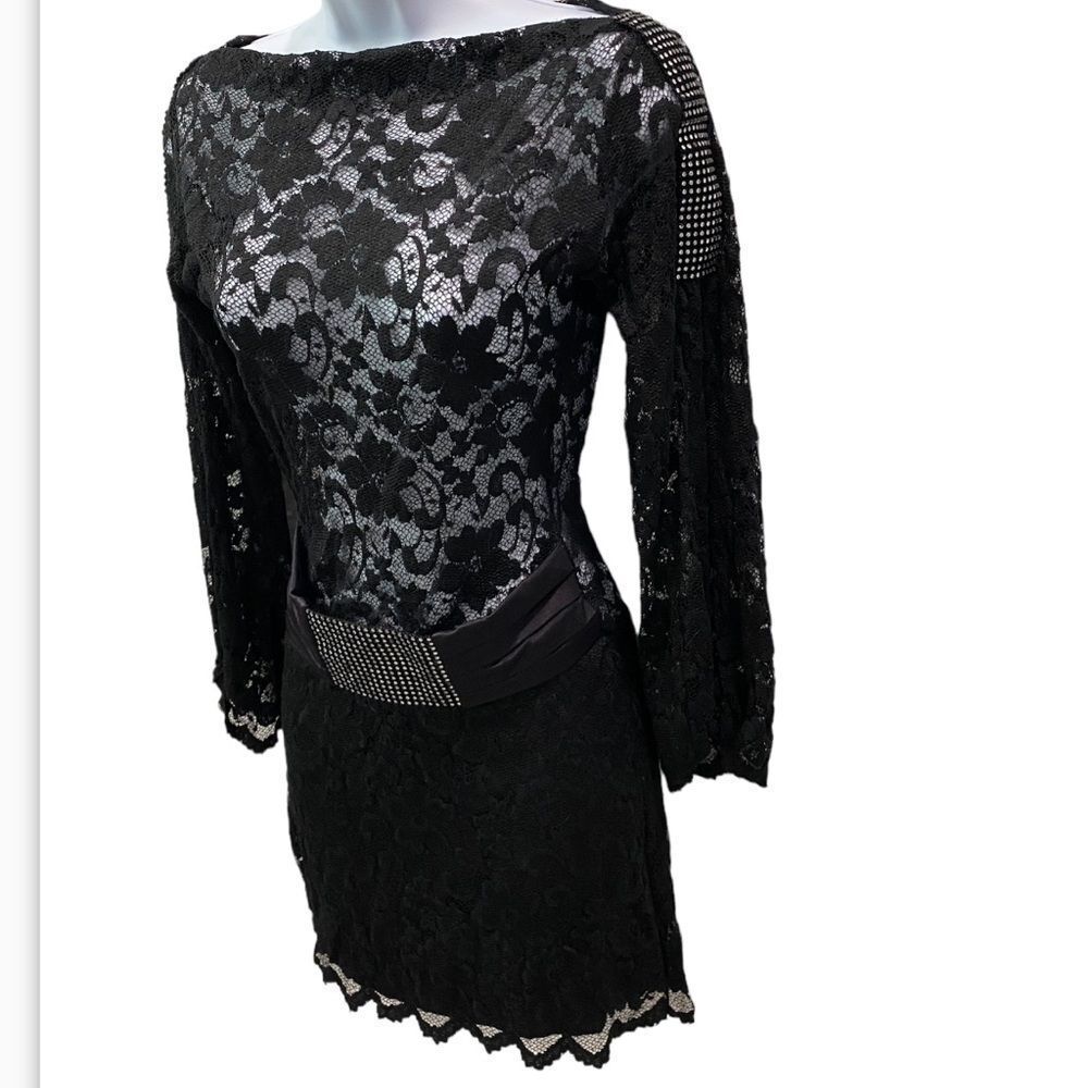 Sentimental NY By Sam Hourani Black Lace Dress With Rhinestone Tuxedo Belt Sz M - Picture 5 of 13
